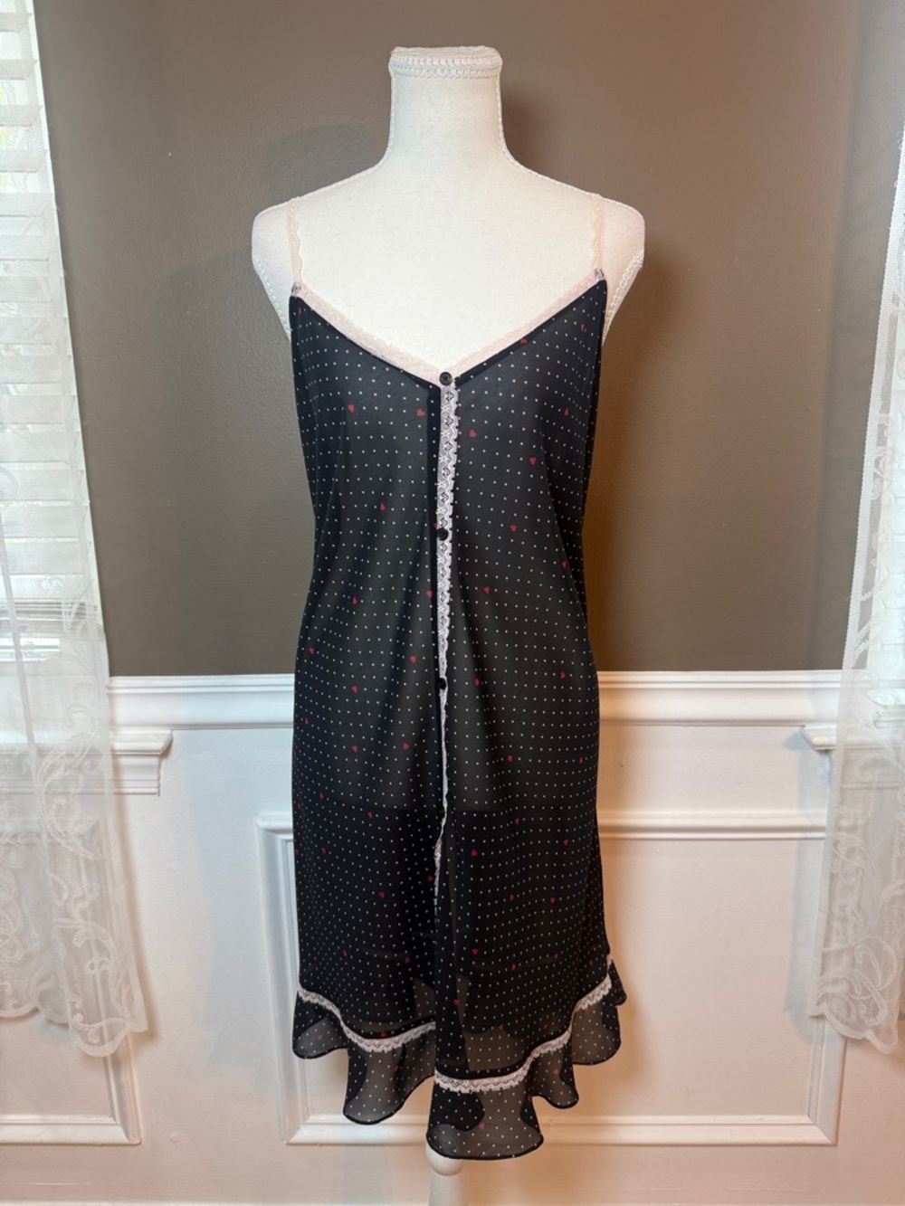 Valerie‎ Stevens Sheer Polka Dot Lace Slip Dress XL Hearts